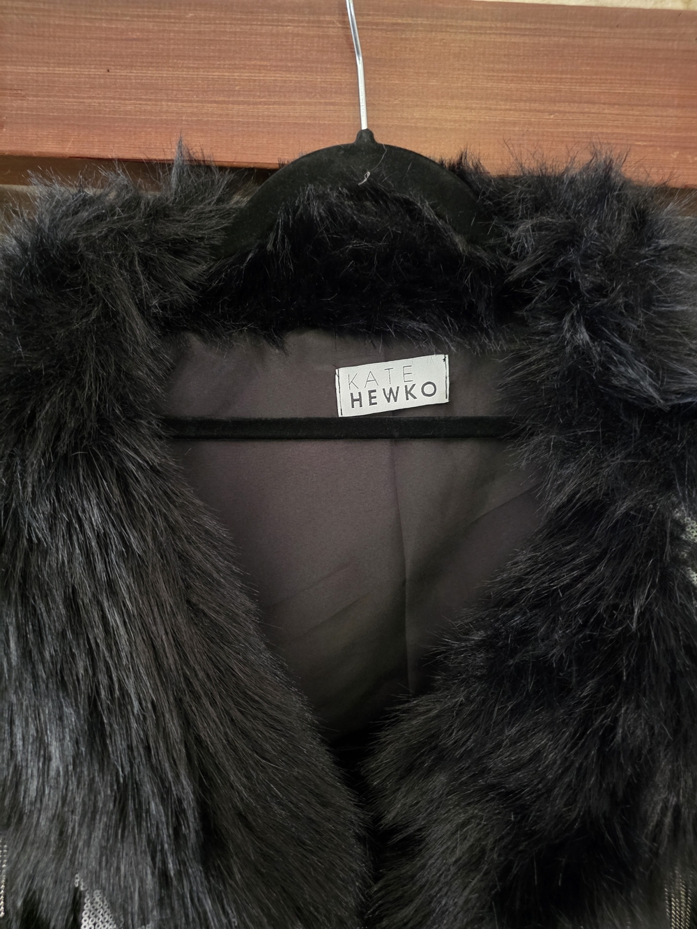 Kate Hewko Sequin Black & White Checkerboard Faux Fur Fringe Jacket - Picture 3 of 4